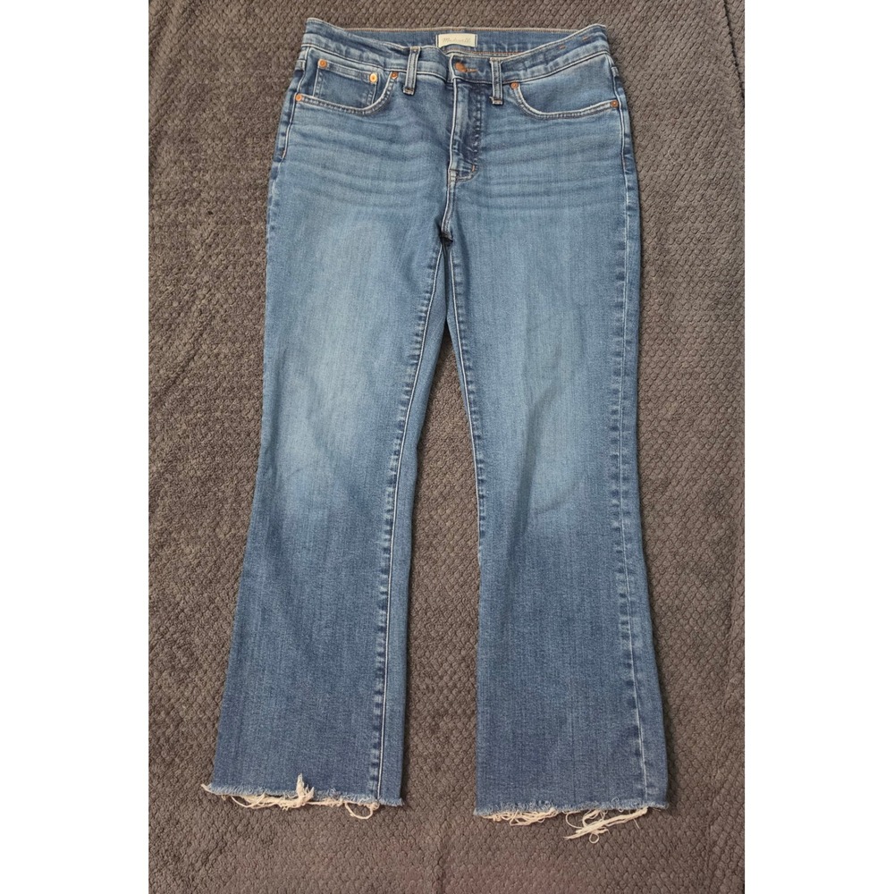 Madewell Mid-Rise Kick Out Jeans Blue Raw Hem Size 29 Flare Denim with 27 inseam